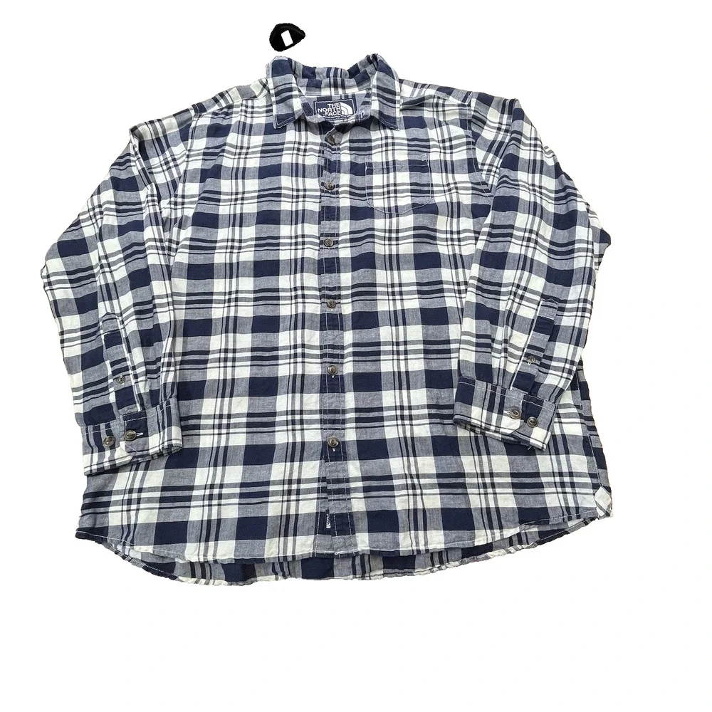 The North Face Linen Blend Button Down Shirt XXL Blue Plaid Collared Outdoor